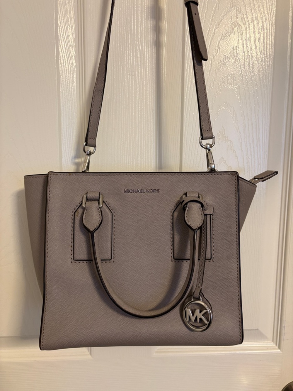 Michael Kors Taupe/Gray Saffiano Leather Satchel with MK Charm